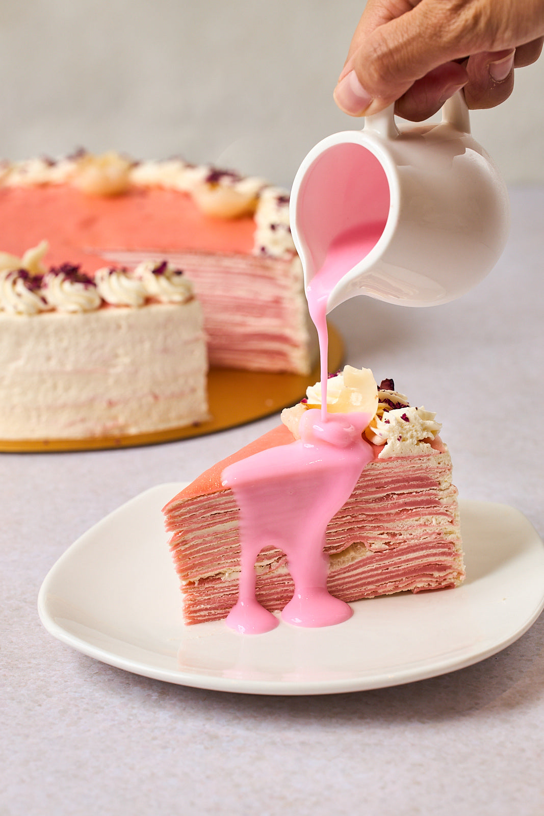 Lychee rose crepe cake 6" with rose tea sauce  suitable for 6-8 pax